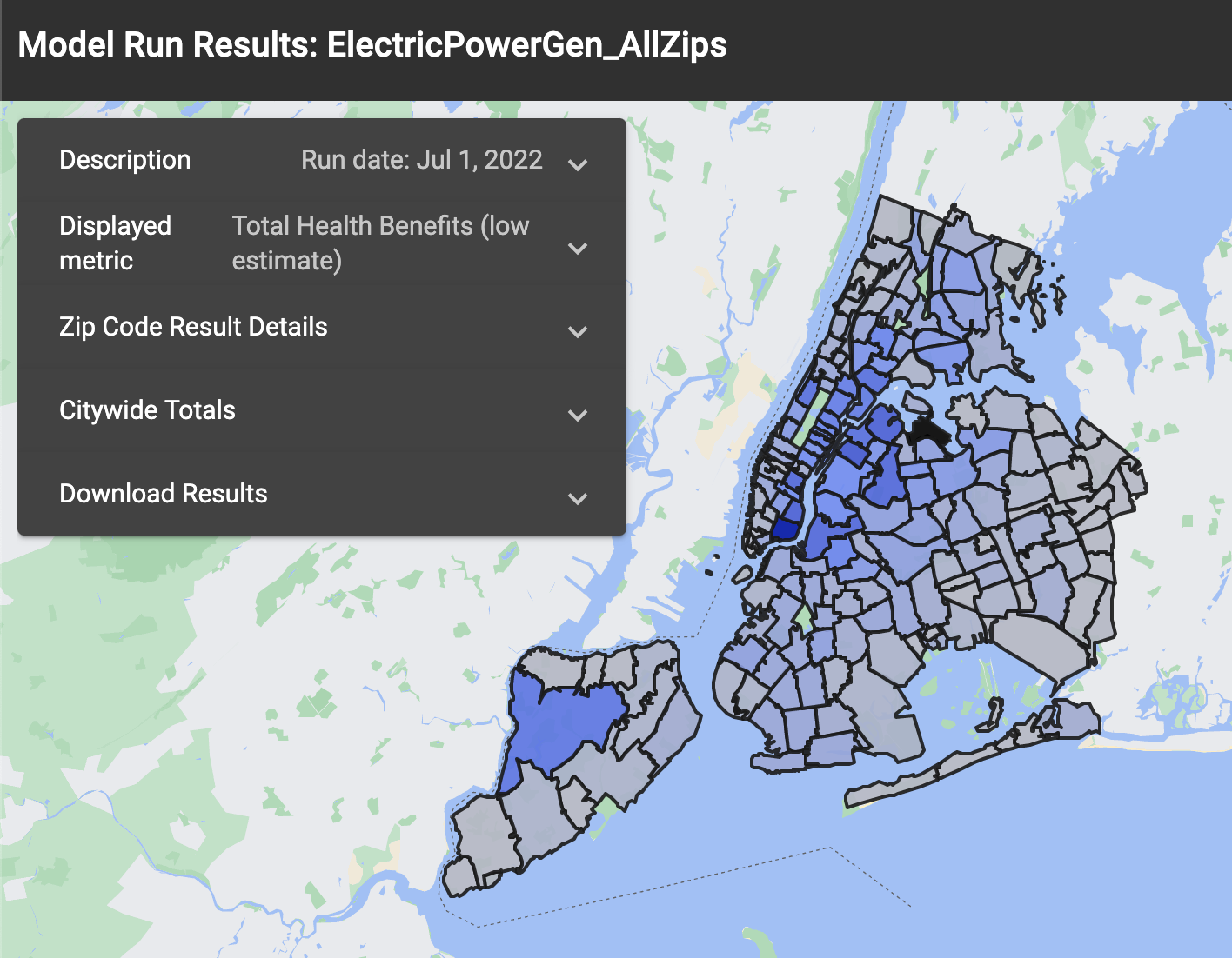 Image of Model run results for: Electric_Power_Generation_All_Zips. The dropdown menu notes the description, displayed metric (total health benefits), ZIP Code result details, citywide totals, and download results. The map of NYC has all ZIP Codes outlined in black with varying shades of blue.
