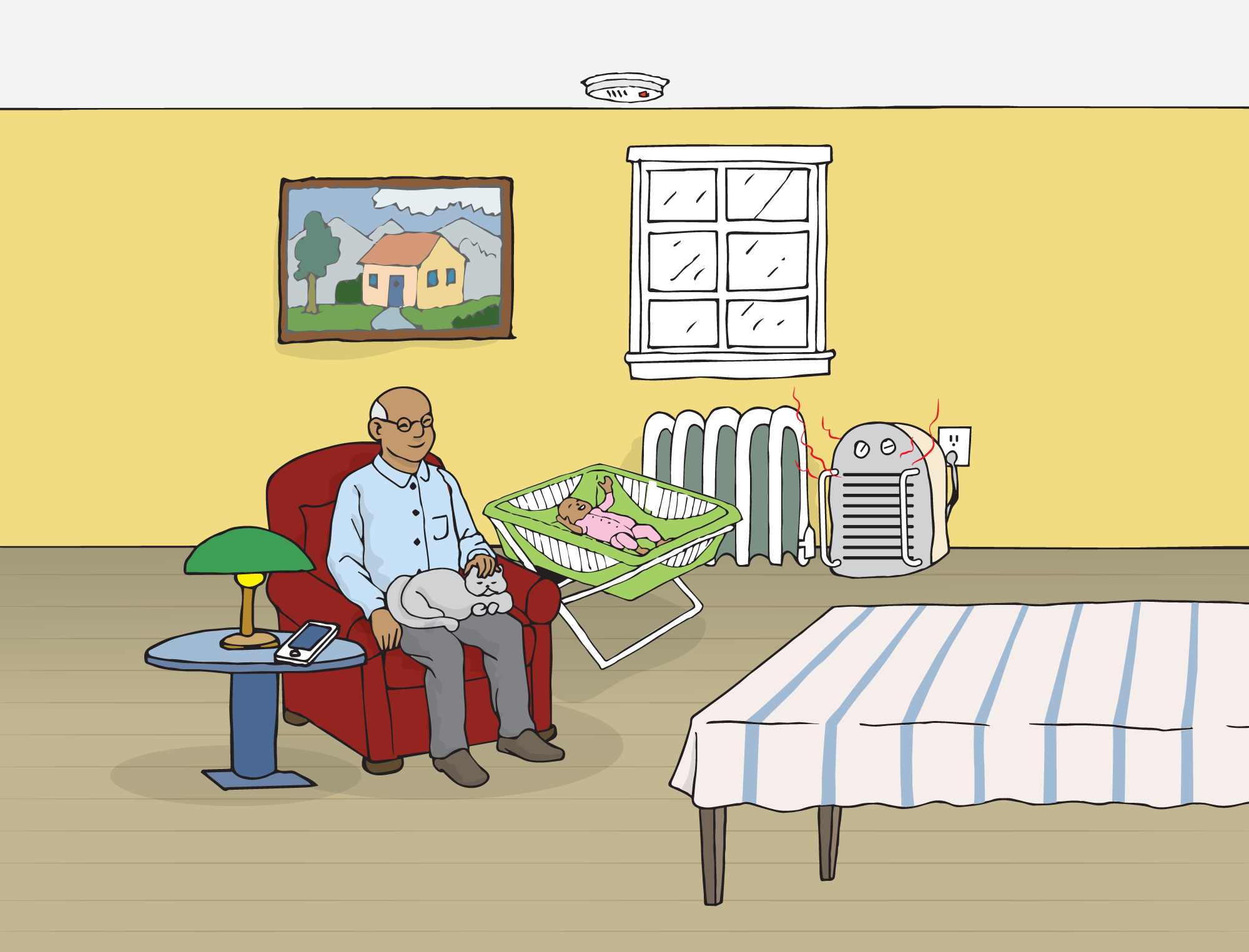 An older man is sitting on a red sofa chair in the middle of a room with a cat on his lap. On his left-hand side there is a crib with a baby in it. On his right-hand side there is a small table with a lamp and a cell phone on it. There is a window in the middle of the room, next to a painting of a house. It is snowing outside. There is a radiator under the window, with a space heater next to it. The space heater is plugged into an outlet and turned on. There is a dinner table on the right side of the room. There is a smoke alarm on the ceiling. There are five snowflake icons that can be clicked on for information. They are located next to the cell phone, the baby’s crib, the radiator, the space heater and the smoke alarm.