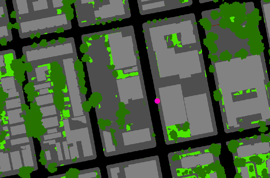 An image created with satellite and land-use data data showing the differences in vegetative cover between a block in Brownsville, Brooklyn and a block in Edenwald, The Bronx. This image of Brownsville shows less green shapes (representing trees, grass, and shrubs) covering the site then in Edenwald image. This site is 2 degrees warmer than the Edenwald site.