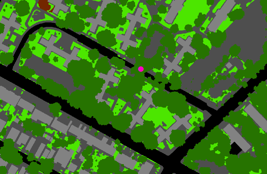 An image created with satellite and land-use data data showing the differences in vegetative cover between a block in Brownsville, Brooklyn and a block in Edenwald, The Bronx. This image of Edenwald shows more green shapes (representing trees, grass, and shrubs) covering the site then in Brownsville, the previous image. This site is 2 degrees cooler than the Brownsville site.