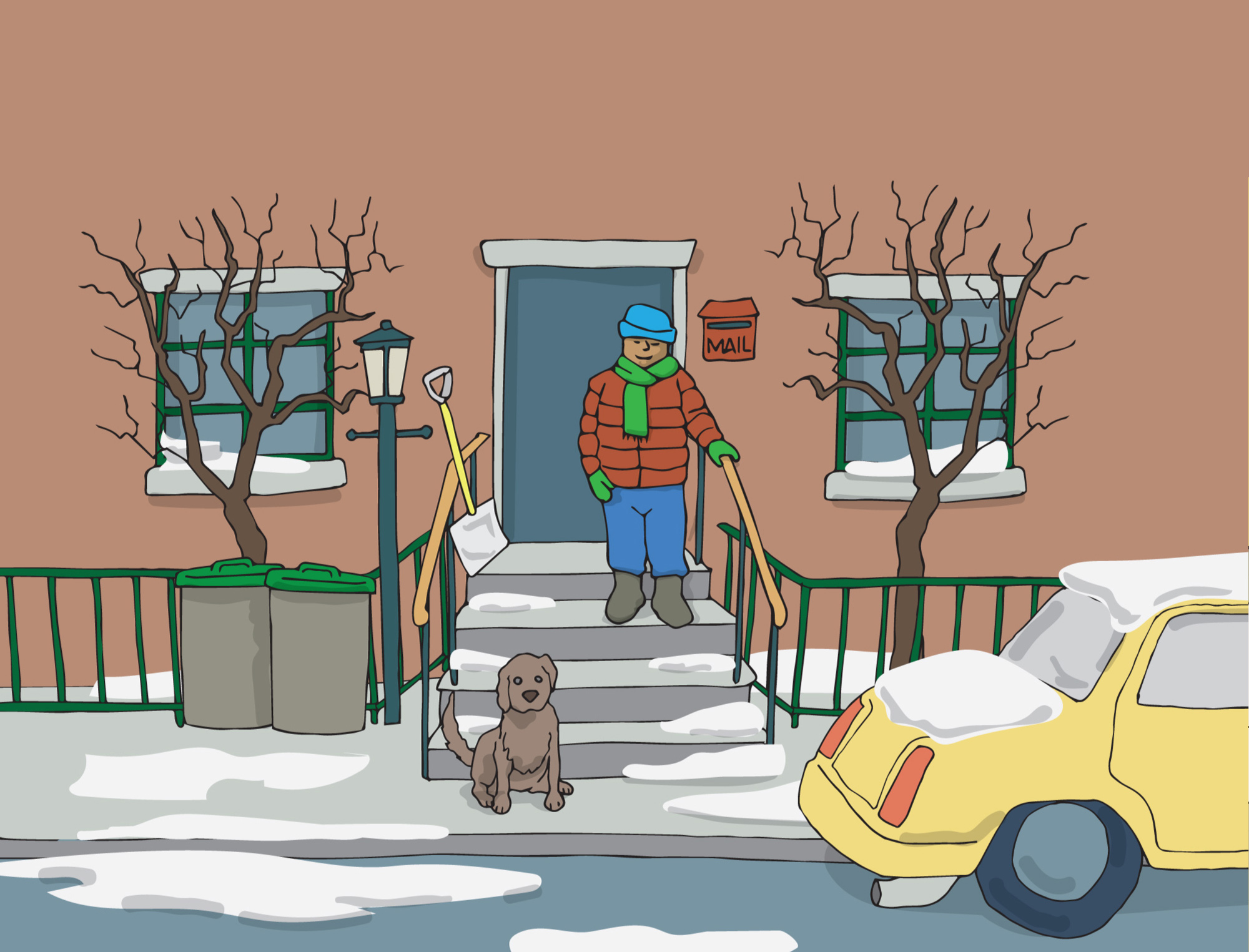 A man is walking out of his building wearing warm winter clothing, including a hat, scarf, gloves and big coat. He is standing on the stairs in front of his building door, between two trees and next to a red mailbox, holding the stair railing with one hand. On the stairs, there is a shovel and at the bottom of the stairs there is a dog sitting. It is snowing and there are small piles of snow on the stairs, sidewalk and street. There is a yellow car parked in front of the house, covered in snow. There are five snowflake icons that can be clicked on for information. They are located next to the man, the shovel, the stairs, the dog and the car.