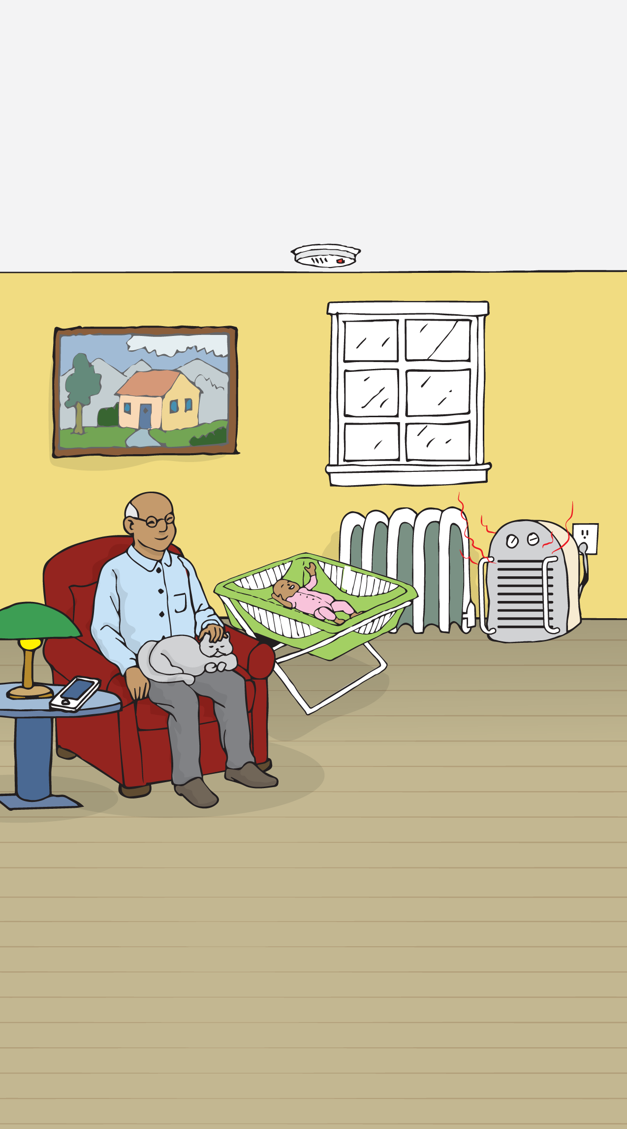 An older man is sitting on a red sofa chair in the middle of a room with a cat on his lap. On his left-hand side there is a crib with a baby in it. On his right-hand side there is a small table with a lamp and a cell phone on it. There is a window in the middle of the room, next to a painting of a house. It is snowing outside. There is a radiator under the window, with a space heater next to it. The space heater is plugged into an outlet and turned on. There is a dinner table on the right side of the room. There is a smoke alarm on the ceiling. There are five snowflake icons that can be clicked on for information. They are located next to the cell phone, the baby’s crib, the radiator, the space heater and the smoke alarm.