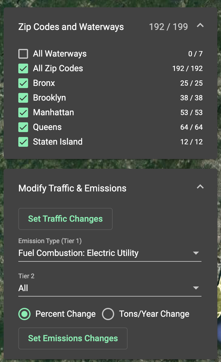 The menu with dropdown has 'All ZIP Codes' selected. The 'Modify Traffic & Emissions' also open and can be edited.