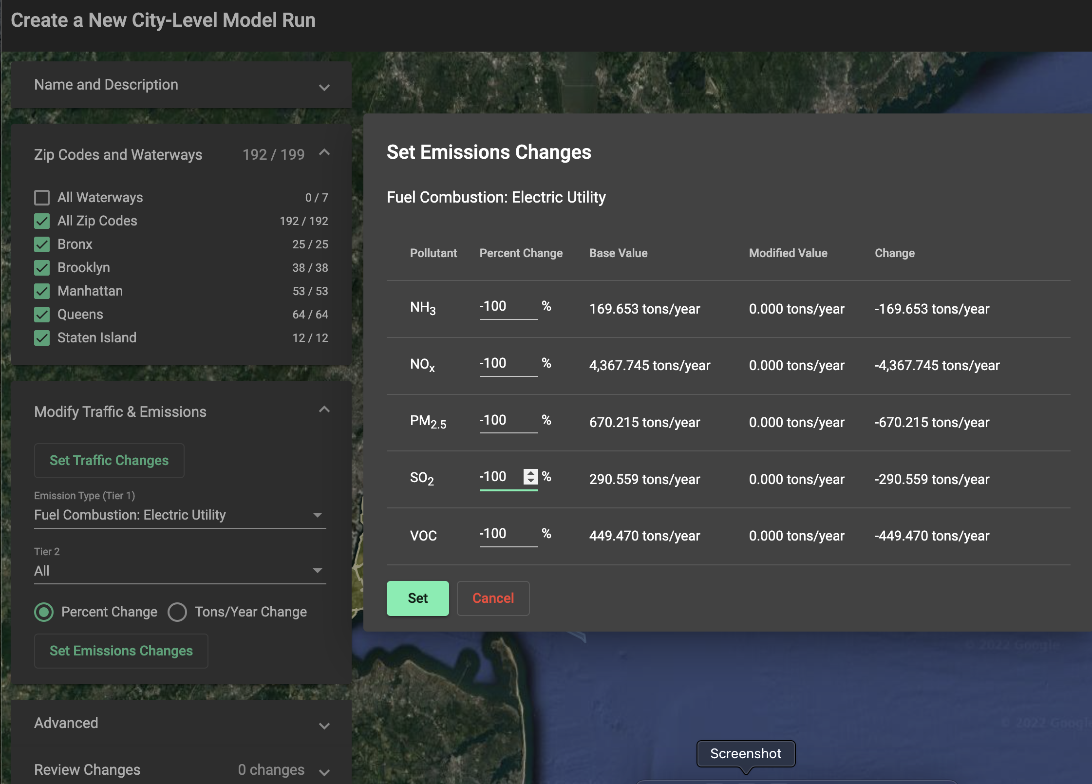 Grey window that says 'Set Emissions Changes' and 'Fuel Combustion: Electric Utility' with Pollutant, Percent Change, Base Value, Modified Value, and Change as column headers. Percent change is editable and user has input -100% on each line of pollutants. There is Set and Cancel buttons