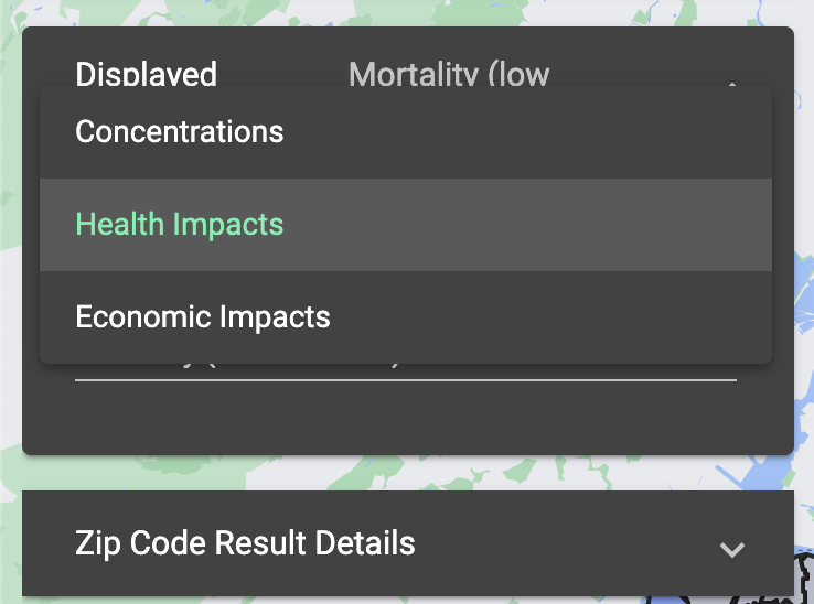Grey drop down menu of Category: Concentrations, Health Impacts, Economic Impacts and Health Impacts is selected.