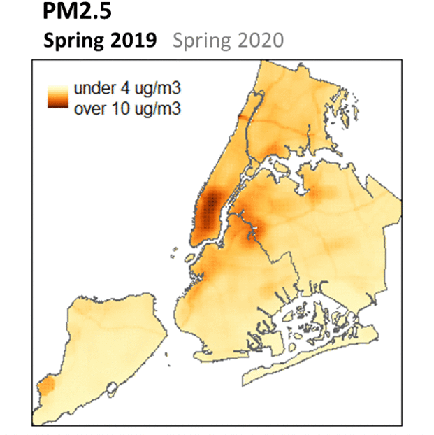 An animated map of PM2.5 over time. This is a map that breaks NYC into 13,000 squares, showing how PM2.5 levels changed from Spring 2019 to Spring 2020. The Covid-19 pandemic resulted in reductions in traffic overall, improving the levels of these pollutants during stay-at-home orders. We see greater declines on the roadways as traffic dipped, and in highly congested and dense parts of NYC, such as lower Manhattan where traffic decreased and many small businesses were closed, reducing commercial cooking and other emissions.