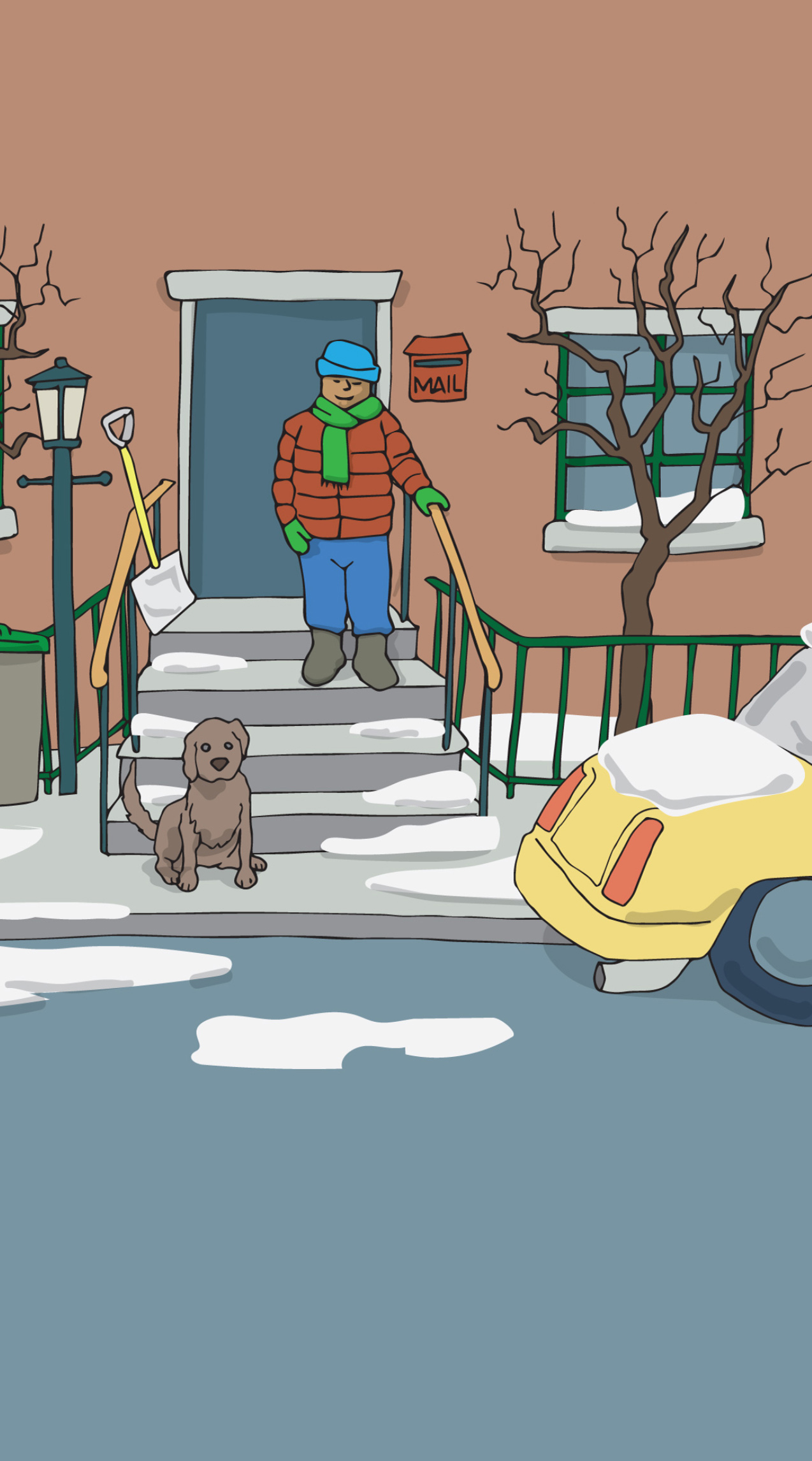 A man is walking out of his building wearing warm winter clothing, including a hat, scarf, gloves and big coat. He is standing on the stairs in front of his building door, between two trees and next to a red mailbox, holding the stair railing with one hand. On the stairs, there is a shovel and at the bottom of the stairs there is a dog sitting. It is snowing and there are small piles of snow on the stairs, sidewalk and street. There is a yellow car parked in front of the house, covered in snow. There are five snowflake icons that can be clicked on for information. They are located next to the man, the shovel, the stairs, the dog and the car.